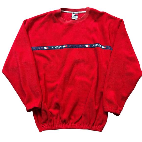 Vintage 90s Tommy Hilfiger Red XXL Fleece Crewneck Sweatshirt Elastic Hem Men’s - Picture 1 of 6